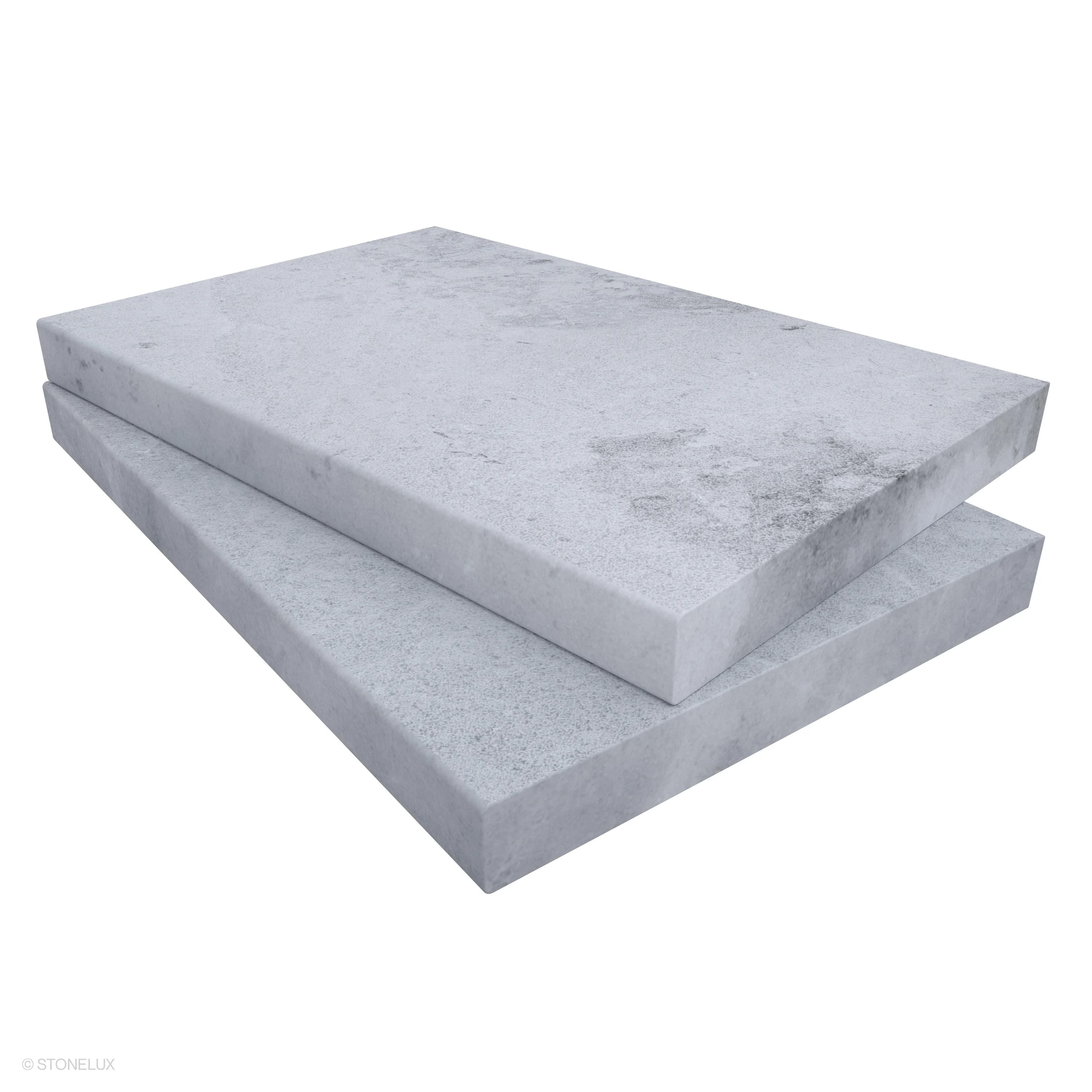 STONELUX Tundra Grey Marble Sand Blasted Coping, size 16x24x2, showcases a sleek sandblasted finish with eased edges. The marble's subtle grey tones and natural veining offer a sophisticated touch, ideal for pool edges, steps, and wall caps.
