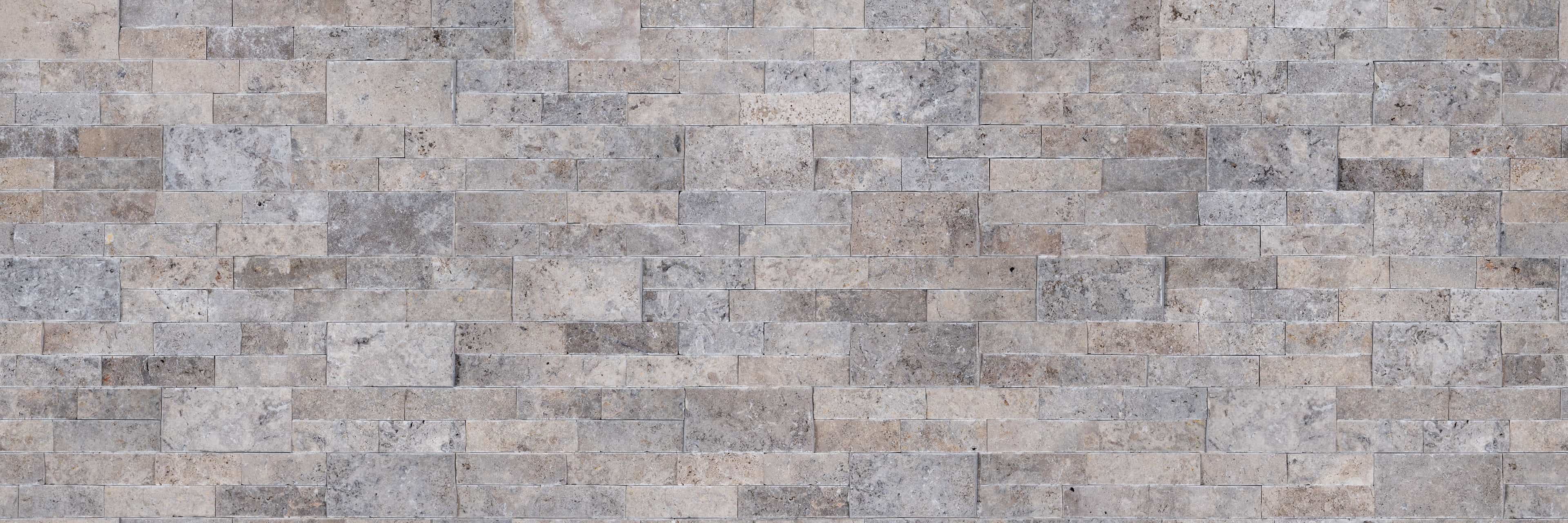 Close-up of Silver Travertine Splitface Ledger Panel by STONELUX, showcasing a 6x24 veneer with a textured splitface finish. Features a mix of gray and beige tones with natural veining, ideal for wall applications in hardscape projects.