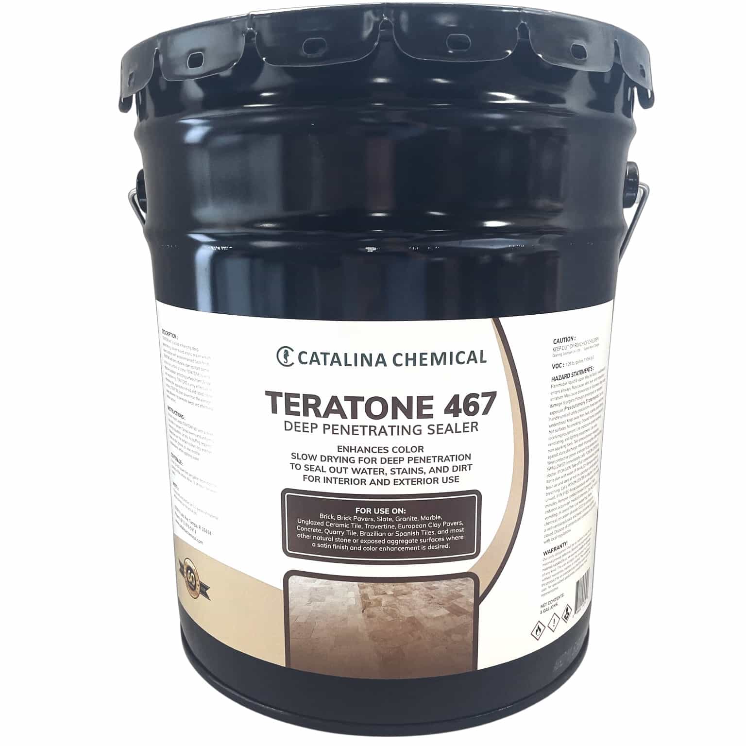 Black container of TERATONE 467, a color-enhancing, deep-penetrating sealer for natural stone. Ideal for enhancing marble, travertine, and limestone. Suitable for interior and exterior use, offering protection against water, stains, and dirt.