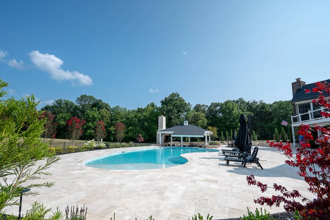 Beige Bliss: Luxury Ivory Travertine Pool & Pool House in Nokesville, VA