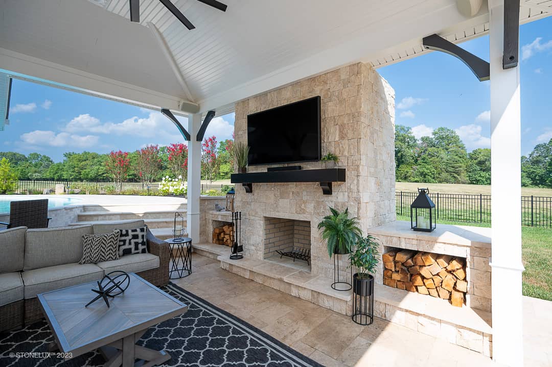 Beige Bliss: Luxury Ivory Travertine Pool & Pool House in Nokesville, VA