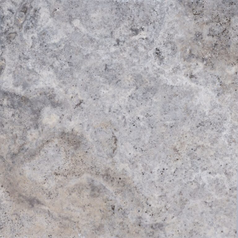 Close-up of a silver and white mottled travertine surface with intricate patterns of veins and speckles, showcasing natural stone texture.