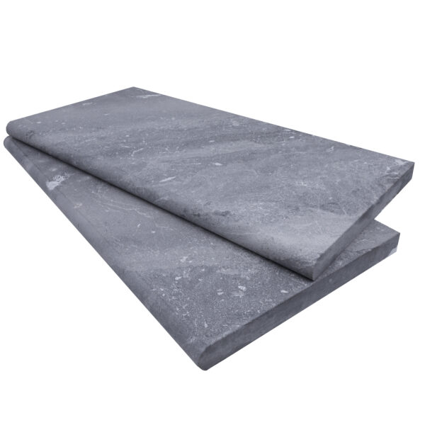 Two stacked Aegean Grey Marble Sand Blasted 16"x24"x3CM Single Bullnose Copings isolated on a white background, showing textured surfaces and bullnose edge.