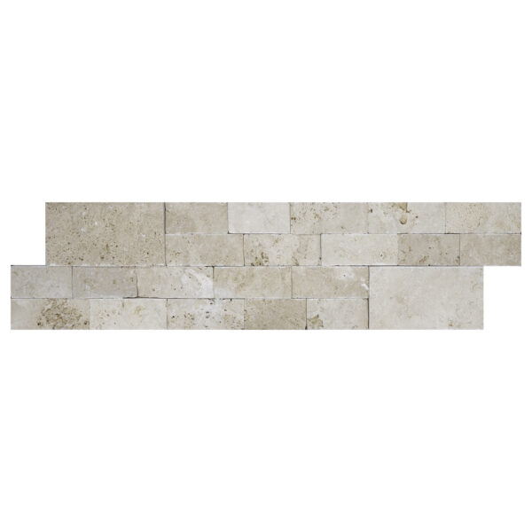 A horizontal collage of Ivory Travertine Splitface Ledger Panel - 6"x24" arranged unevenly to create a unique pattern for wall application.