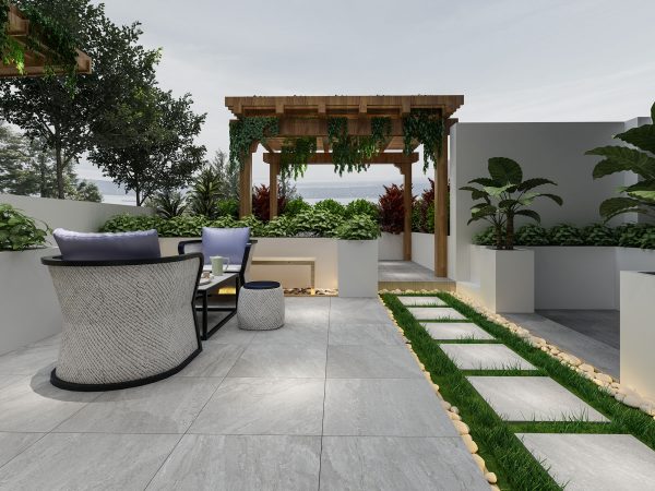 An outdoor terrace featuring modern furniture with lush greenery, a wooden pergola, and Rasa Gray 24"x48" 2CM Matte Rectified Porcelain Paver flooring, giving it a tranquil, relaxing ambiance.