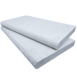 Two stacked Afyon White Marble Sand Blasted 14"x24"x2" Single Bullnose Copings with a sand-blasted texture on a white background.