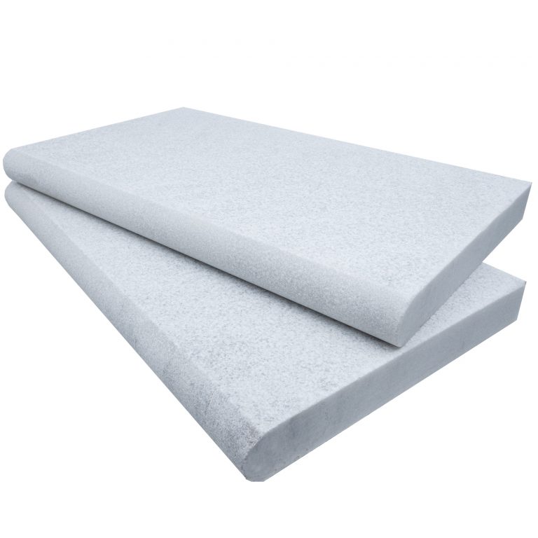 Two stacked Afyon White Marble Sand Blasted 14"x24"x2" Single Bullnose Copings with a sand-blasted texture on a white background.