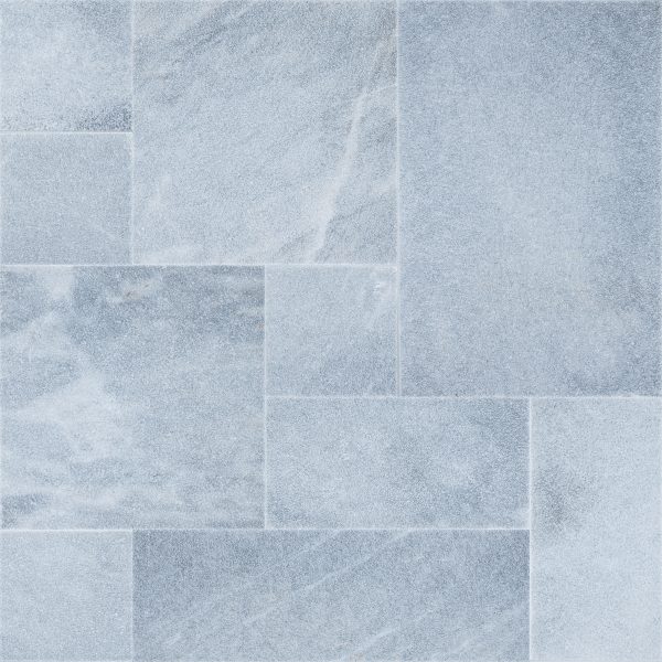 Arctic Grey sandblasted marble paver in French Pattern format with various rectangular and square sized pieces.