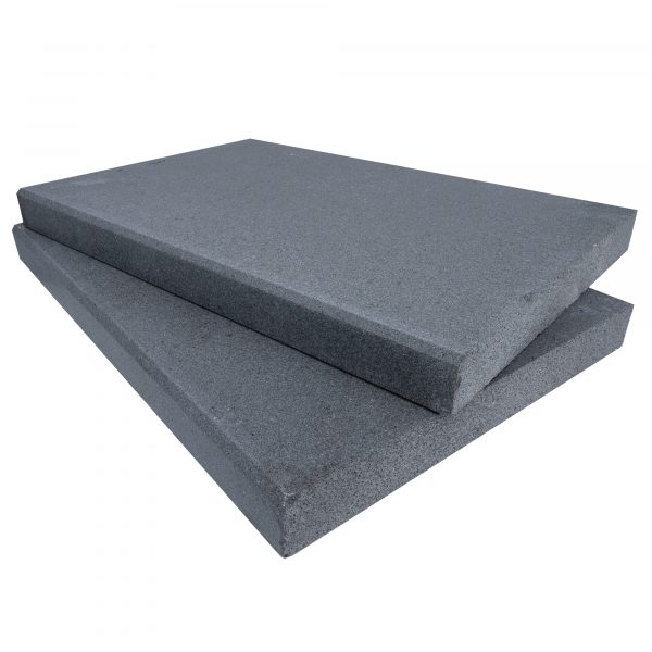 Three Black Basalt Tumbled+Brushed 16"x24"x2" Eased Edge Coping stacked in descending size order against a plain white background.