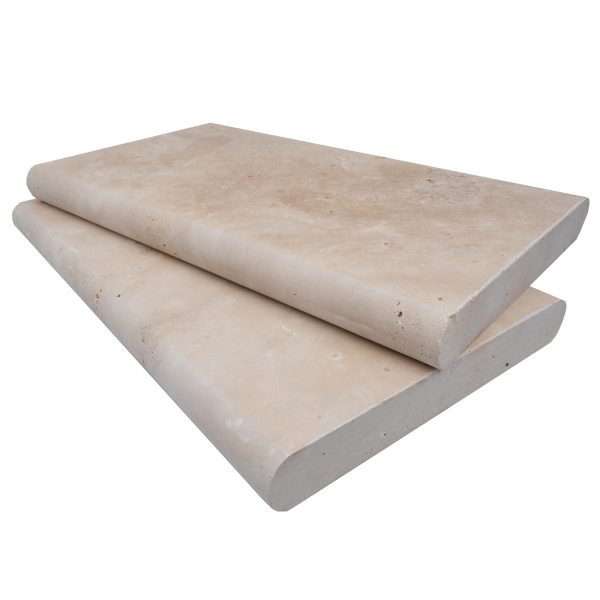 Two rectangular Premium Ivory Travertine Tumbled 14"x24"x2" Double Bullnose Copings stacked on top of one another, isolated on a white background.