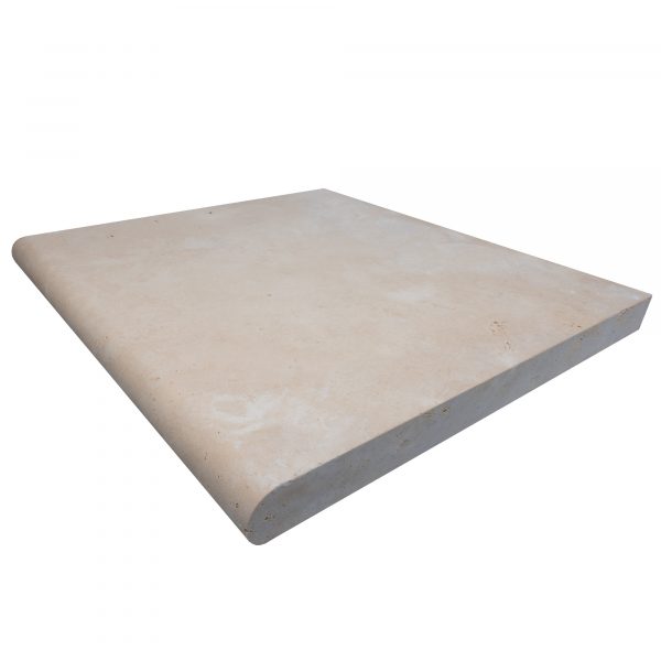 A large, flat Premium Ivory Travertine Tumbled 24"x24"x2" Single Bullnose Coping isolated on a white background, with a slight texture visible on the surface.