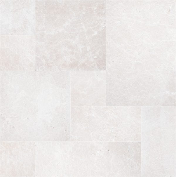 A seamless texture of Pera Cream Marble Sand Blasted French Pattern 3cm Paver, arranged in square and rectangular shapes with subtle vein patterns visible on each tile.