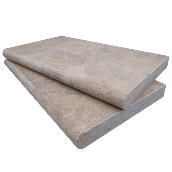 Two stacked Philly Travertine Tumbled 14"x24"x2" Single Bullnose Copings on a plain white background, showcasing a gritty texture and solid construction with premium tumbled edges.