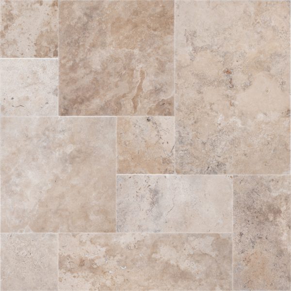 Array of Premium Philly Travertine Tumbled French Pattern 3cm Paver pavers featuring varied shades of beige and brown, with some tiles depicting distinct stone-like patterns and textures in the style of french pattern.