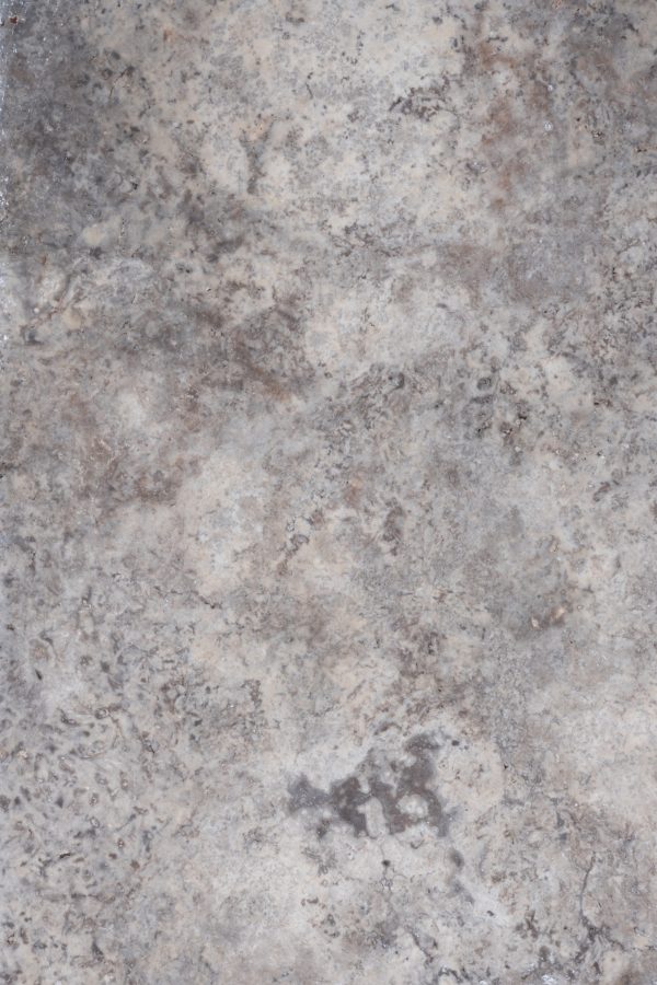 Close-up of a Premium Silver Travertine Tumbled 16x24 3cm Paver surface with mottled gray and brown colors, resembling a natural stone or tumbled travertine with intricate patterns and variations in hue.
