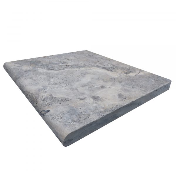 A Silver Travertine Tumbled 24"x24"x2" Single Bullnose Coping - Premium texture, isolated on a white background.