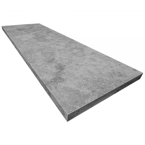 A Silver Travertine Tumbled 24"x72"x2" Eased Edge Tread on a plain white background. The surface is textured to show roughness and granularity typical of stone.