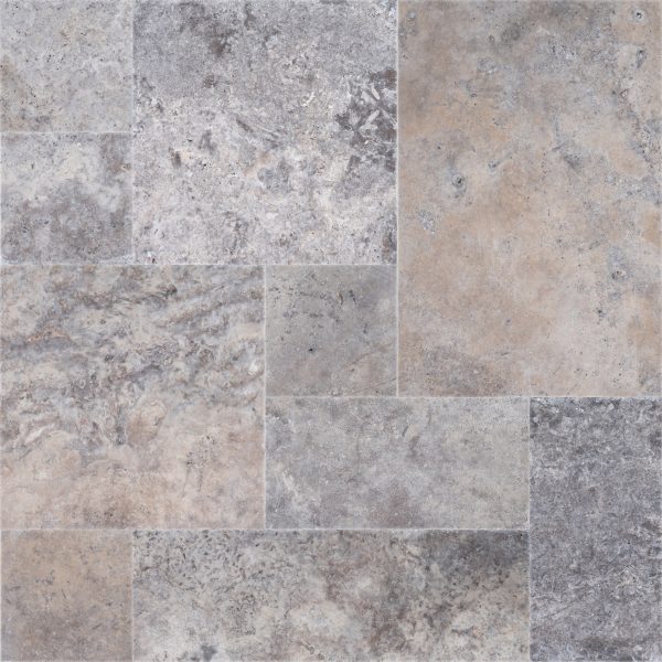 A collage of Premium Silver Travertine Tumbled French Pattern 3cm Paver variously sized square and rectangular stone tiles in shades of gray, beige, and brown, showcasing different textures.