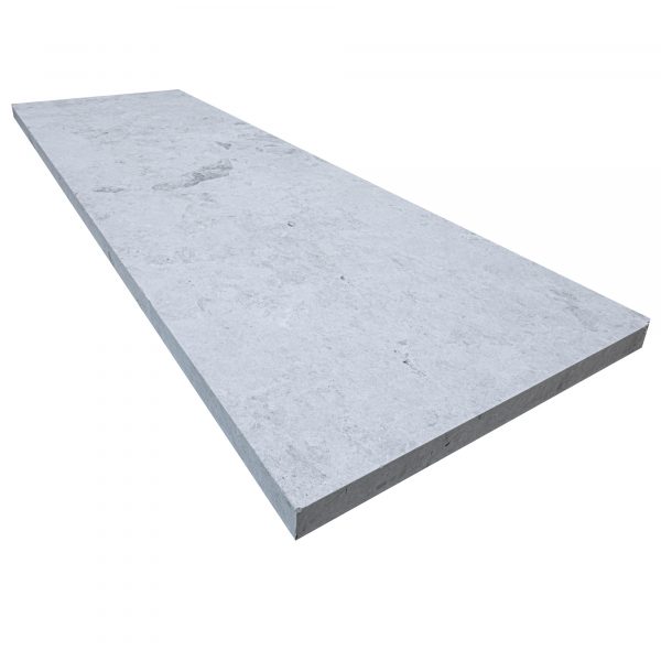A Tundra Grey Marble Sand Blasted 24"x72"x2" slab with a light gray surface and visible textures, isolated on a white background, featuring an eased edge tread.