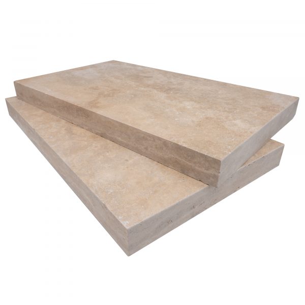 Two stacked Walnut Travertine Tumbled 14"x24"x2" Eased Edge Copings on a white background, demonstrating thicknesses and smooth beige textures.