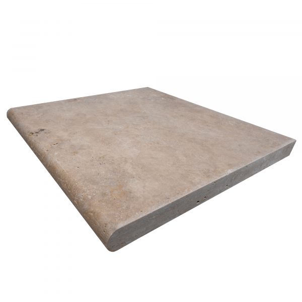 A Walnut Travertine Tumbled 24"x24" Pool Coping on a plain white background, displaying slight texture variations and minor surface imperfections.