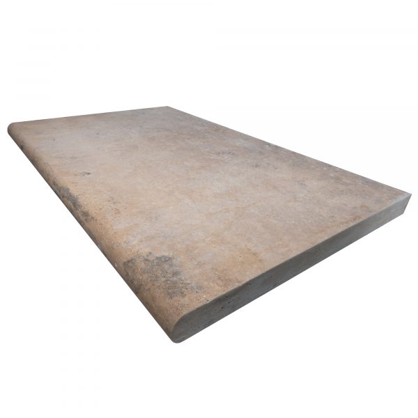 A rectangular Walnut Travertine Tumbled 24"x36"x2" Single Bullnose Coping slab with a smooth, worn surface, isolated on a white background.