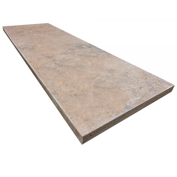 A rectangular slab of Walnut Travertine Tumbled 24"x72"x2" Eased Edge Tread - Premium with a textured surface, isolated on a white background.